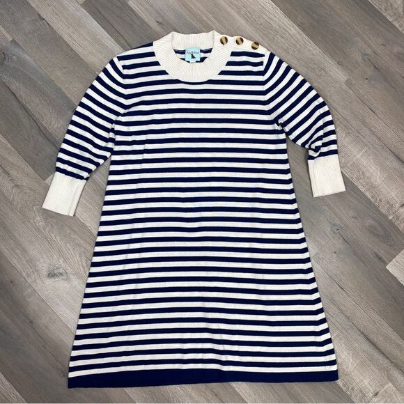 Haley and the Hound Striped Sweater Dress Crew Neck Knit Shift Blue White Medium - Picture 11 of 13